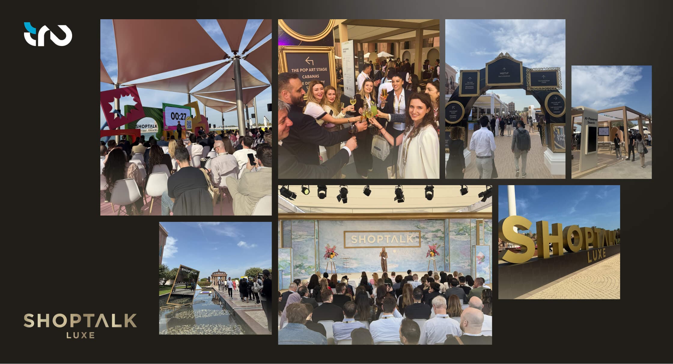 Collage of conference moments and attendees captured through Tru’s perspective at Shoptalk Luxe 2026, showcasing stages, networking, and the Luxe Ground experience.